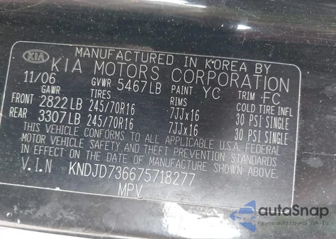 2007 Kia Sorento Ex z USA, uszkodzony, nr VIN KNDJD736675718277